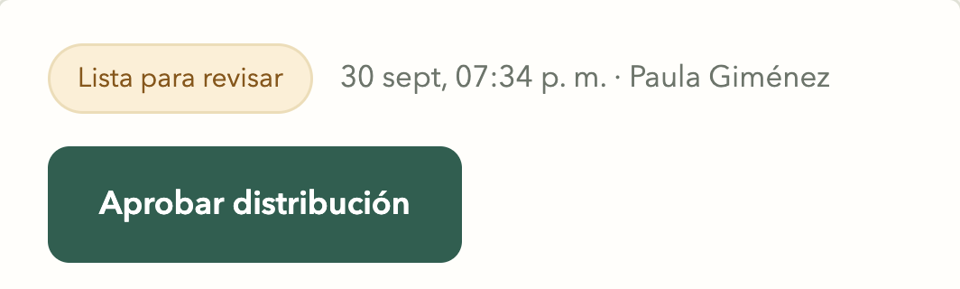 La distribución de mesas figura como lista para revisar, con el botón Aprobar distribución